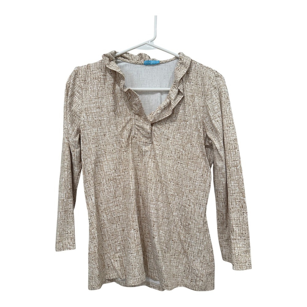 J.McLaughlin Womens‎ Tan White Ruffle Collar Long Sleeve Top Size S Crosshatch